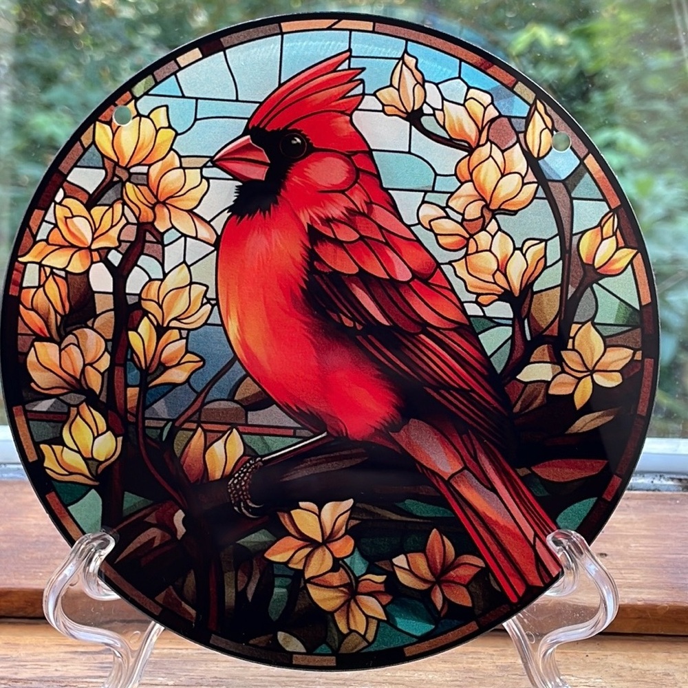 Cardinal Suncatcher 6” Bird Floral Design Seasonal Home Cottage Decor Gift Idea